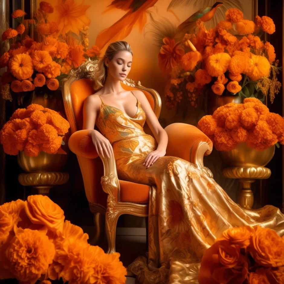Elegant woman in a golden gown seated on an orange chair, surrounded by lush orange marigolds, roses, and vibrant floral arrangements in a luxurious setting.