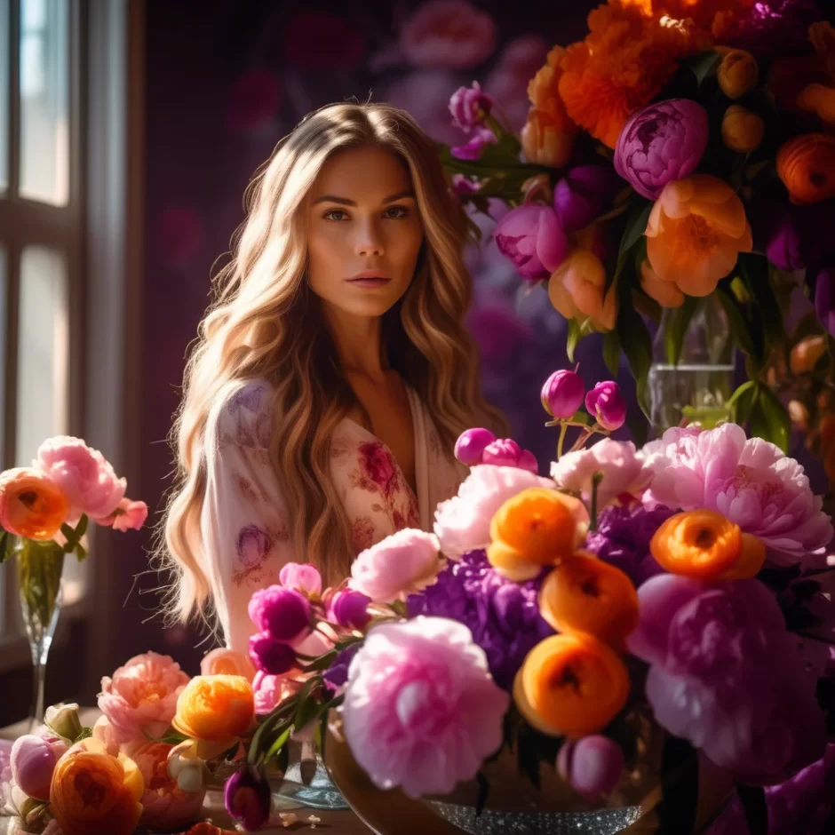 Young woman with flowing blonde hair gazes joyfully at a stunning centerpiece of vibrant peonies, ranunculus, and tulips, bathed in warm, natural light.