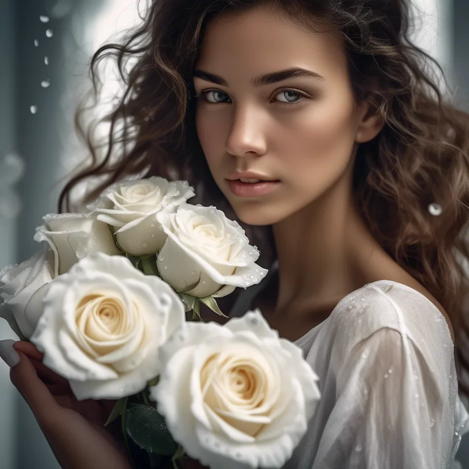 Close-up of a captivating young woman holding a handful of pristine Playa Blanca white roses, adorned with dew drops, exuding elegance and natural beauty.