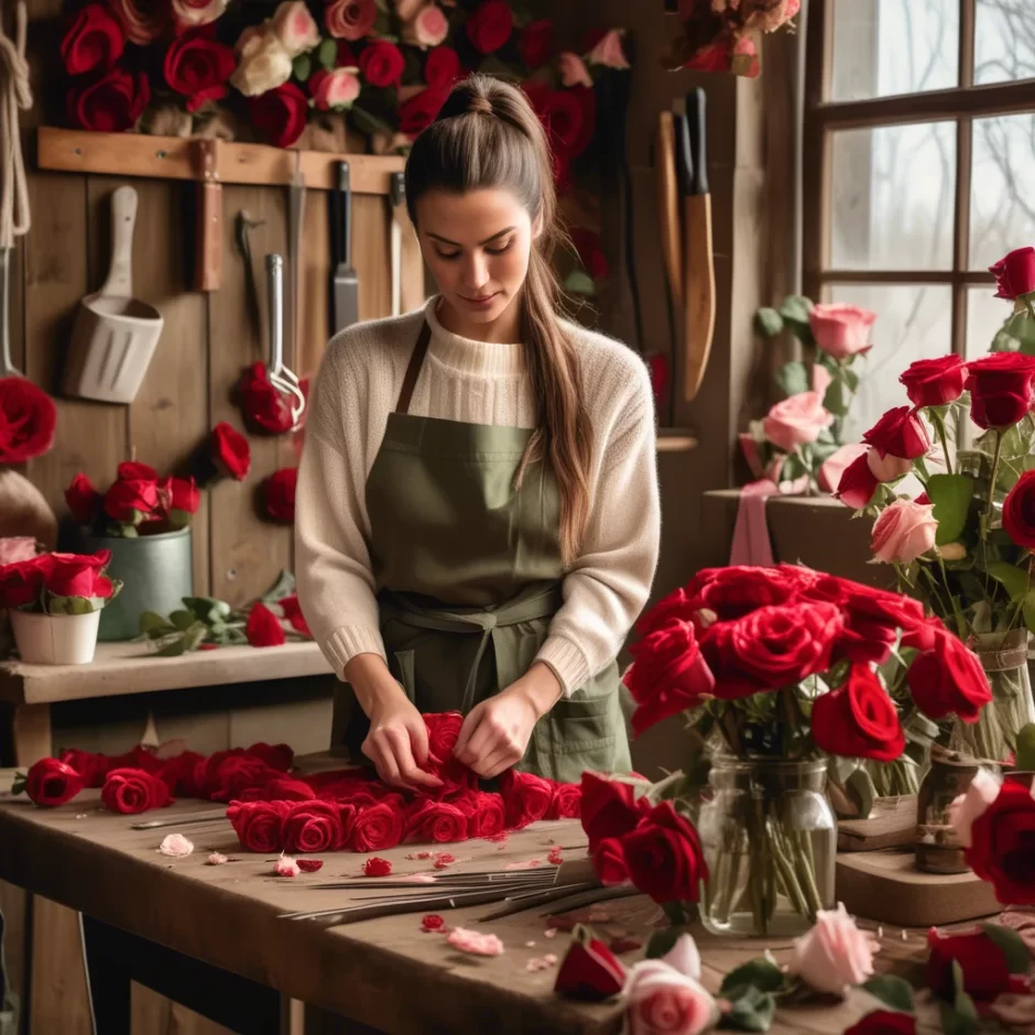 Young woman arranging pink and red roses in a rustic workshop, wearing a green apron, with soft sunlight streaming through the window and floral tools around her.