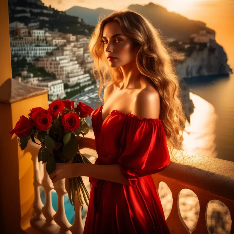 Elegant woman in a flowing red gown holds a bouquet of red roses on a sunlit balcony overlooking the Amalfi Coast at sunset, radiating timeless romance.