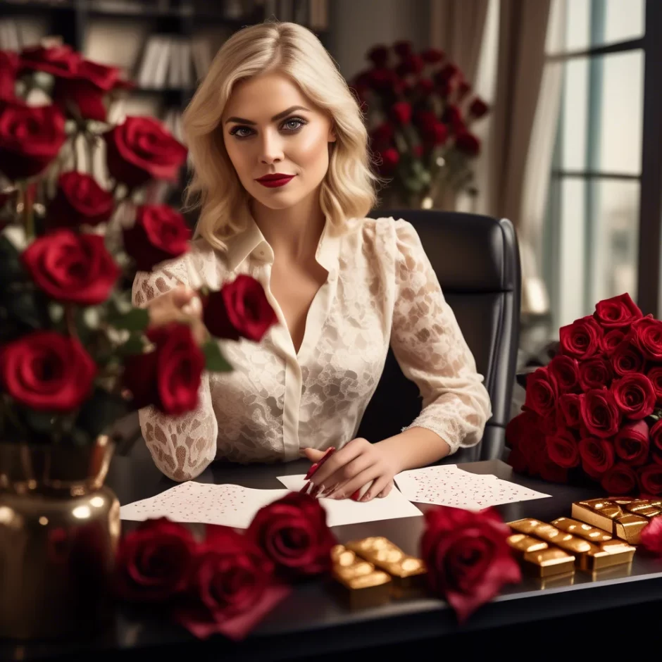 Elegant woman in a lace blouse writing love letters at a desk adorned with red roses and gold-wrapped chocolates, creating a romantic and luxurious setting.