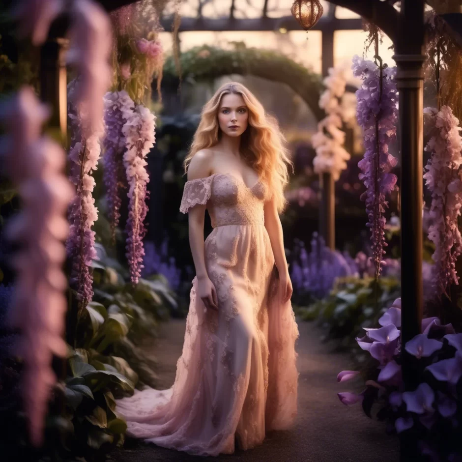 Elegant woman in a flowing lace gown walks through an enchanting floral garden at twilight, surrounded by cascading wisteria and soft glowing lanterns.