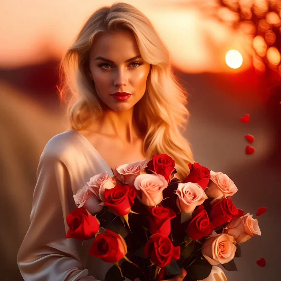 A stunning blonde woman holds a romantic Valentine’s Day bouquet of red and blush roses, illuminated by candlelight with a breathtaking sunset in the background.