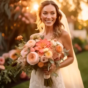 A radiant bride holds a stunning bouquet featuring 2025’s trending wedding flowers, including ranunculus, garden roses, and eucalyptus, in warm sunset hues.