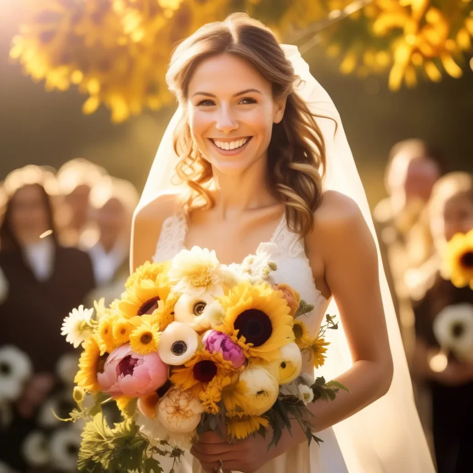 A radiant bride holds a vibrant bouquet of sunflowers, ranunculus, and anemones, glowing in golden sunlight, perfect for a 2025 seasonal wedding.