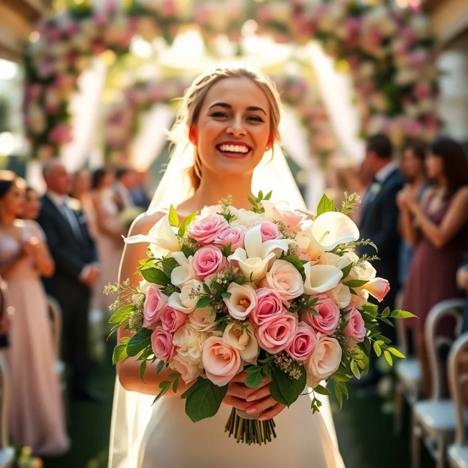 A joyful bride holds a romantic bouquet of pink roses, white calla lilies, and lush greenery, with a dreamy floral arch and wedding guests in the background.
