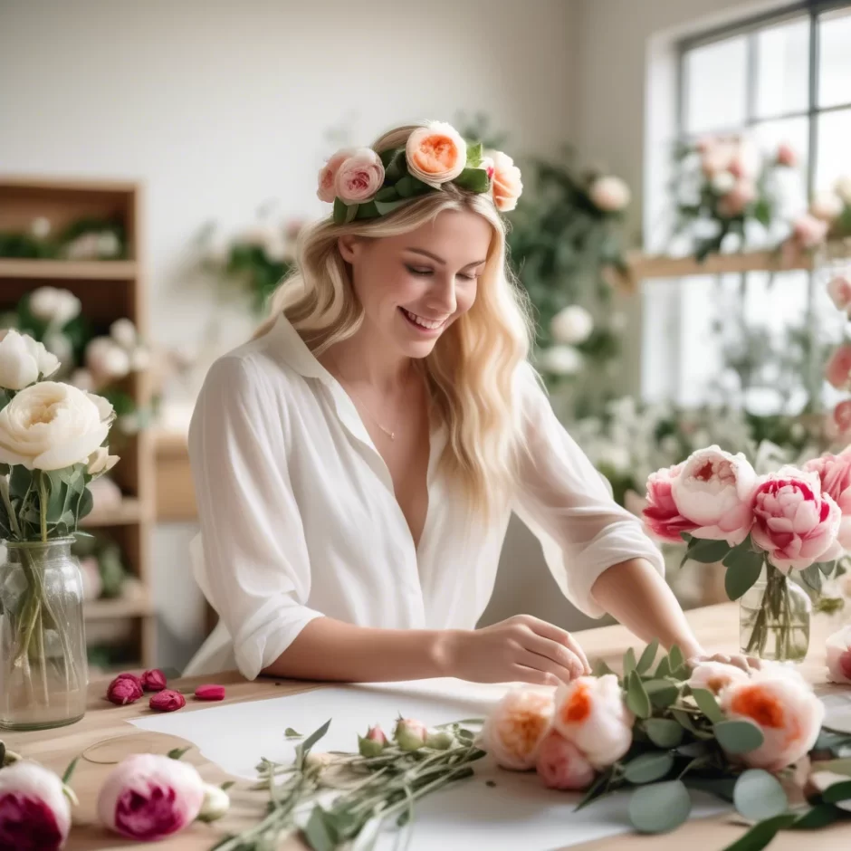 A smiling blonde woman in a floral crown arranges fresh peonies and eucalyptus on a wooden table, preparing DIY wedding bouquets in a bright, cozy workspace.