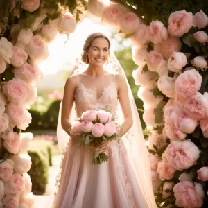 A radiant bride in a blush pink wedding dress holds a matching bouquet of pink peonies, framed by a floral arch of lush roses in a sunlit garden setting.
