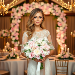 Elegant bride in a lace gown holds a pastel pink and white rose bouquet, standing in a romantic reception with floral arches, candlelit tables, and soft lighting.