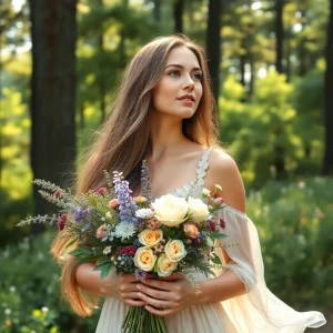 A dreamy woman in a flowing gown stands in a sunlit forest, holding a wildflower bouquet of roses, lavender, and daisies, embracing nature's beauty.