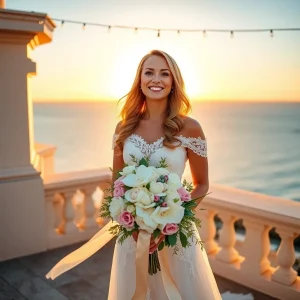 Bride standing on the rooftop of Hotel Zamora at sunset, holding a romantic bouquet of white orchids and pink roses, with the ocean in the background.