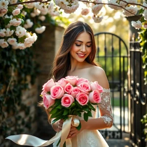 A beautiful bride in an off-the-shoulder lace gown holds a bouquet of pink roses in a private garden, framed by blooming flowers and an elegant wrought iron gate.