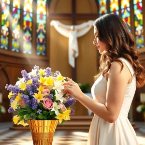 A beautiful woman in a pastel dress admires a vibrant Easter floral arrangement in a church, with sunlight streaming through stained-glass windows.
