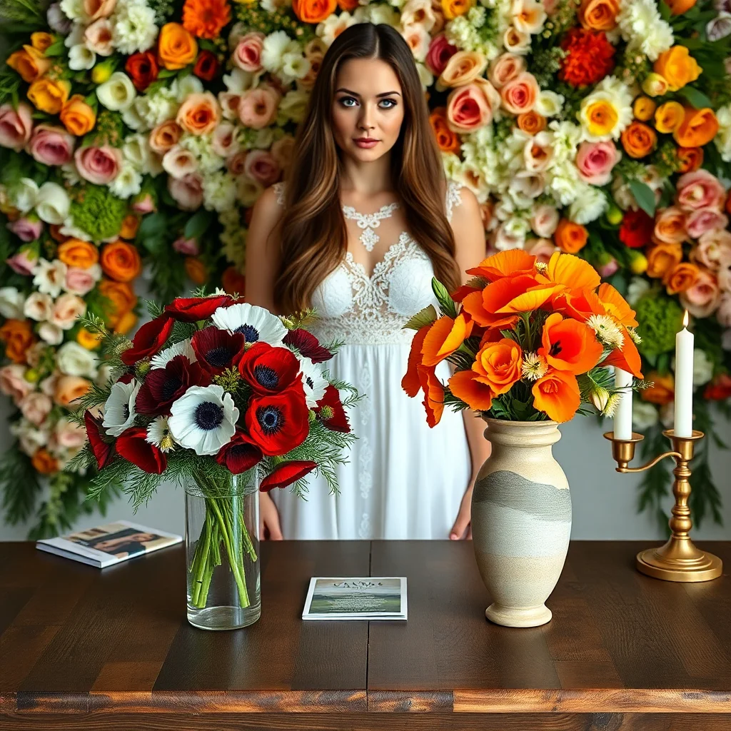 Elegant woman in a lace wedding gown stands behind a rustic table with two floral centerpieces: bold red and white anemones in glass and vibrant orange poppies in ceramic.