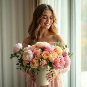 Smiling woman in a blush dress holding a vase of peach and pink roses and peonies, standing by a window with soft natural light and sheer curtains.