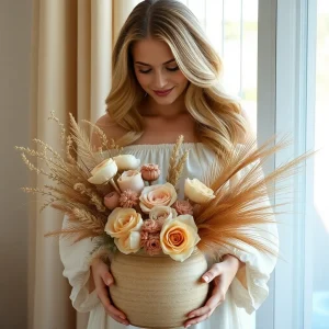 Smiling woman in an off-shoulder ivory dress holding a vase of boho earthy-toned flowers with toffee roses, dried grasses, and neutral-toned blooms by a window.