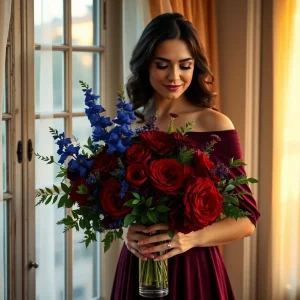 Elegant woman in a deep garnet dress holding a glass vase filled with fresh ruby red roses, sapphire blue delphinium, and emerald greenery near a sunset-lit window.
