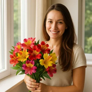 Smiling woman holding a vibrant bouquet of red, yellow, and purple Peruvian lilies by a sunlit window, showcasing tropical summer flower colors.