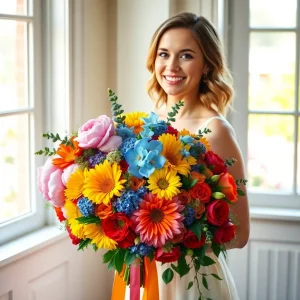 Bride smiling in a sunlit room holding a vibrant rainbow bouquet with sunflowers, roses, gerbera daisies, and blue hydrangeas tied with colorful ribbons.