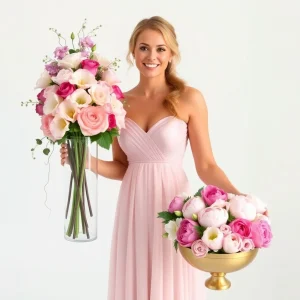 Smiling woman in a blush pink dress holding a tall vase with roses and a low gold bowl of peonies, clearly showing the height difference in centerpieces.