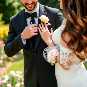 Bride smiles lovingly while touching groom’s boutonniere; her blush rose corsage and lace sleeve highlight the romantic wedding moment in a flower garden setting.