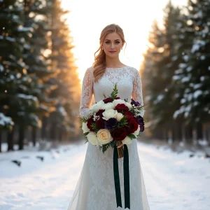 Elegant winter bride stands in snow-covered forest holding a bouquet of white, red, and deep purple flowers with evergreen accents and velvet ribbon.