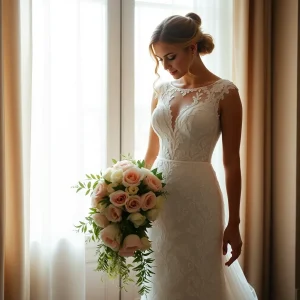 Elegant bride in lace gown standing by a sunlit window, holding a cascading bouquet of blush and ivory roses with lush greenery. Classic and romantic.