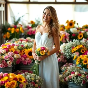 Smiling woman in white dress holding bouquet, surrounded by buckets of fresh bulk flowers like sunflowers, roses, and baby's breath in vibrant colors.