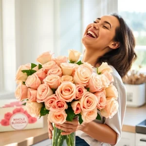 Joyful woman in a bright kitchen holding a large bouquet of peach roses, smiling with delight beside a Whole Blossoms flower box.
