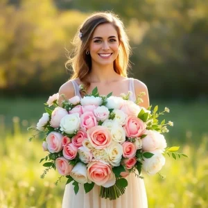 Beautiful woman outdoors holding a lush bouquet of pink and white roses, smiling warmly in a sunlit field with soft greenery and blurred trees in the background.