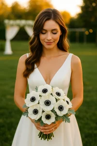 Beautiful bride holding a bouquet of white anemones with bold black centers, perfect for modern weddings and trendy floral designs using bulk wholesale flowers.