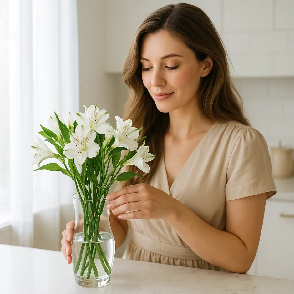 Elegant woman holding a glass vase of fresh white alstroemeria flowers near a sunlit window, showcasing bulk blooms for weddings or home décor.