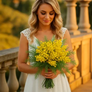 Bride holding a vibrant bouquet of golden Acacia Mimosa and roses, standing on a sunlit stone balcony in a lace wedding dress.
