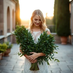 Bride holding lush Nagi greenery bouquets at sunset, showcasing the rich texture and deep green foliage perfect for elegant wedding arrangements.