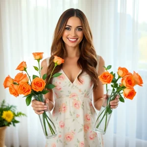 Smiling woman in floral dress holding two glass vases filled with vibrant orange roses in a bright sunlit room with sheer white curtains.
