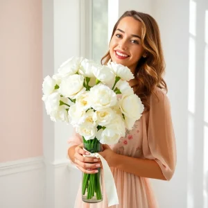 Smiling woman in a soft peach dress holding a clear glass vase filled with elegant white carnations, lit by natural window light for a serene setting.