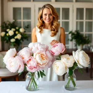Smiling woman in a white dress stands behind a table with two glass vases, one filled with blush peonies and the other with white peonies in full bloom.