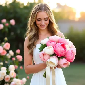Bride in white dress holding a lush pink and white peony bouquet with ivory ribbon, smiling softly in a garden filled with blooming roses at golden hour.