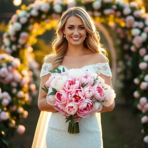 Smiling woman in a soft pink dress holding a large pink peony bouquet at a baby shower with pastel balloons, welcome sign, and dessert table in background.
