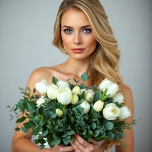 Elegant woman holding bouquet of white tulips and greenery in glass vase, showcasing fresh bulk tulip flowers for weddings and special events.