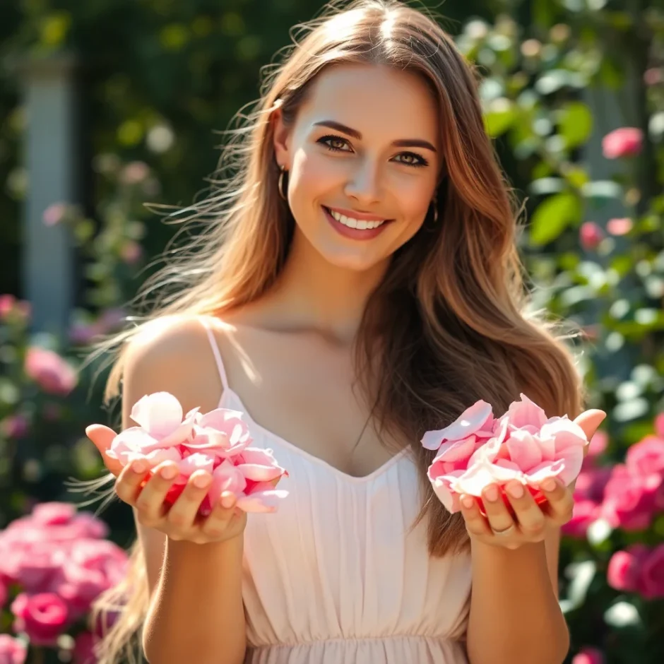 Smiling woman in blush dress holding handfuls of fresh blush rose petals, standing outdoors with palm leaves in the background – summer wedding inspiration.
