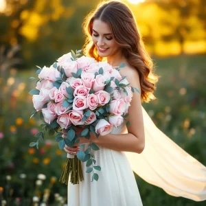 Beautiful bride holding a pink rose and silver dollar eucalyptus bouquet outdoors during golden hour, perfect for romantic wedding inspiration.