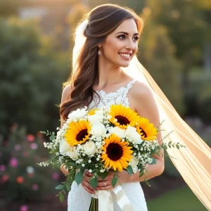 Beautiful bride holding a vibrant sunflower wedding bouquet, standing outdoors in soft natural light, symbolizing joy and rustic charm.