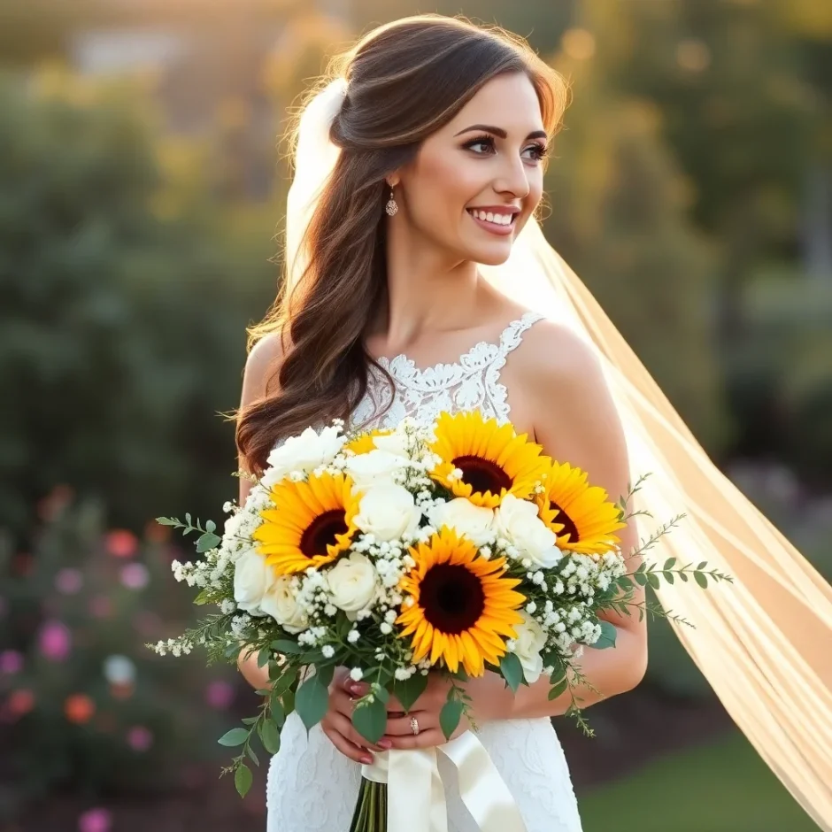 Beautiful bride holding a vibrant sunflower wedding bouquet, standing outdoors in soft natural light, symbolizing joy and rustic charm.