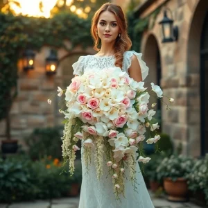Beautiful bride holding a romantic cascading bouquet with ivory roses, blush garden roses, and trailing greenery, standing in a garden at golden hour.