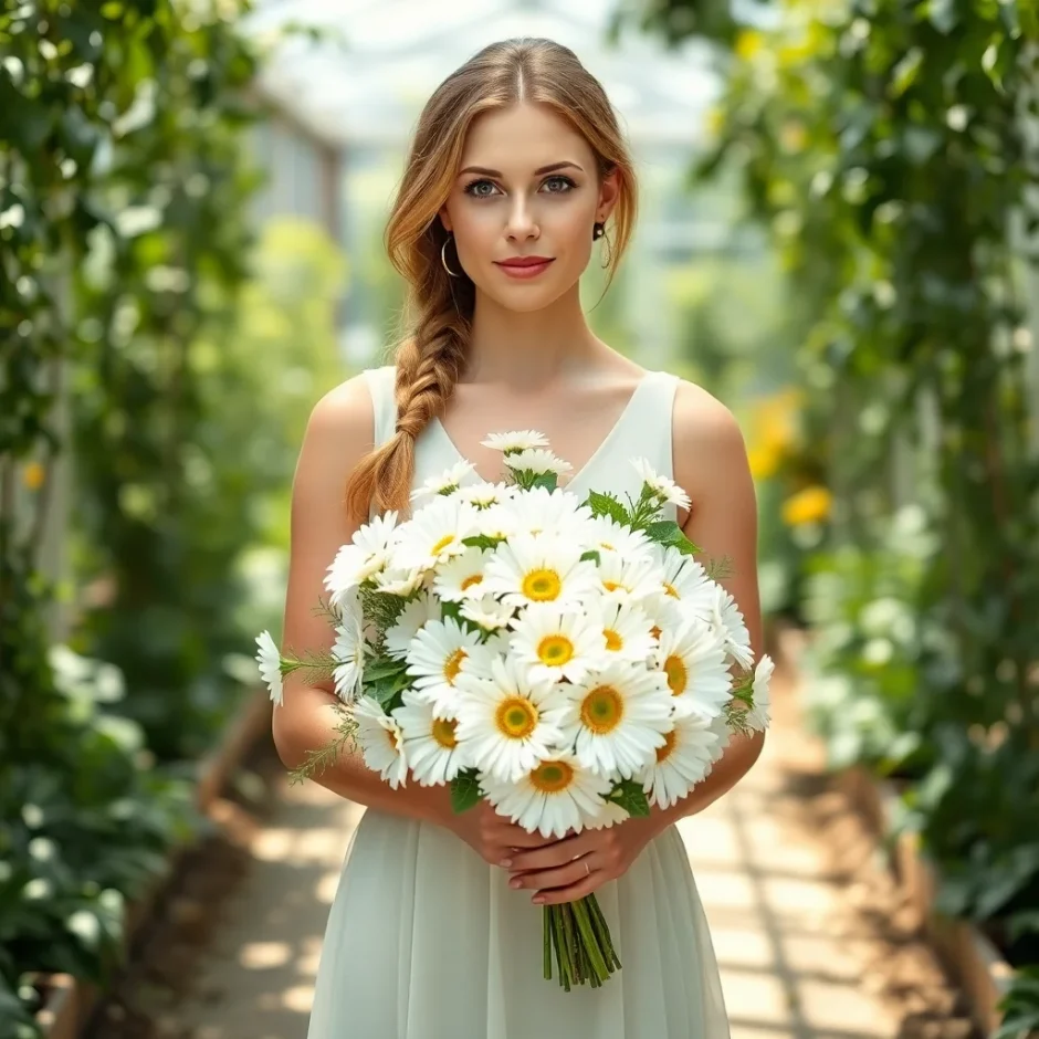 Bride holding a white wildflower-inspired bouquet with pops of yellow and blue, standing outdoors in a sunlit garden setting.