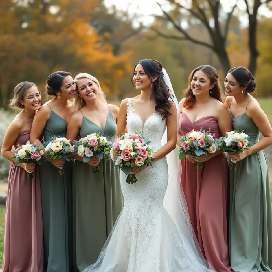 Bride and bridesmaids in dusty blue and sage green gowns holding vintage glam bouquets with roses, dusty miller, and white blooms.
