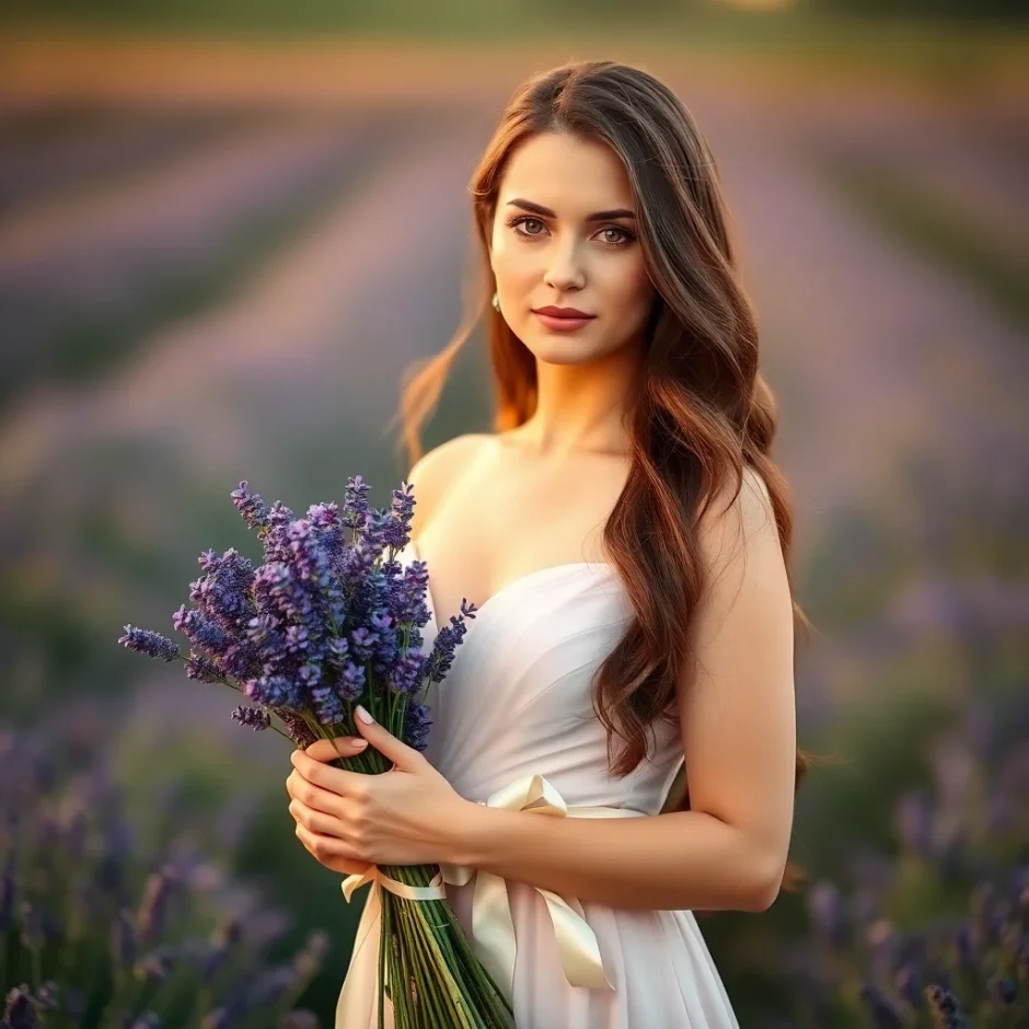 Bride holding a fragrant lavender bouquet at sunset, showcasing a romantic and aromatic floral choice perfect for rustic or countryside weddings.