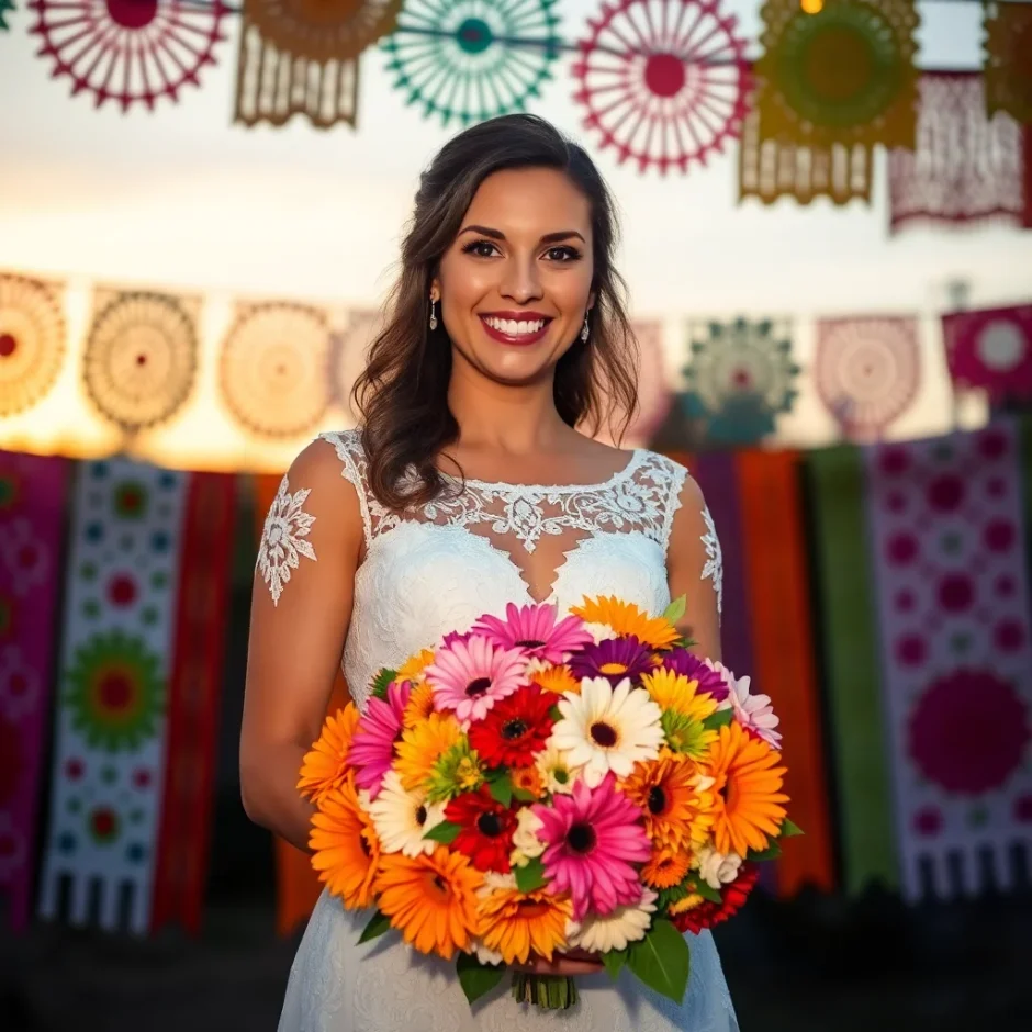 Smiling bride holding a vibrant fiesta-inspired bouquet of gerbera daisies, zinnias, and marigolds in front of colorful papel picado banners at a summer wedding.